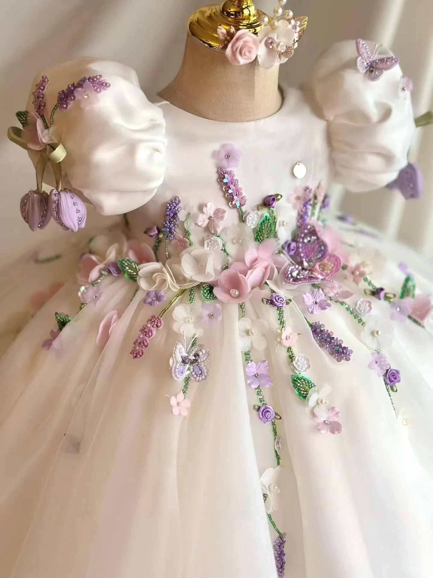 Custom Flower Girl Dress Wedding Party Dress First Christmas Outfit 3D Embroidery Puff Sleeve Princess Gown for Kids Party