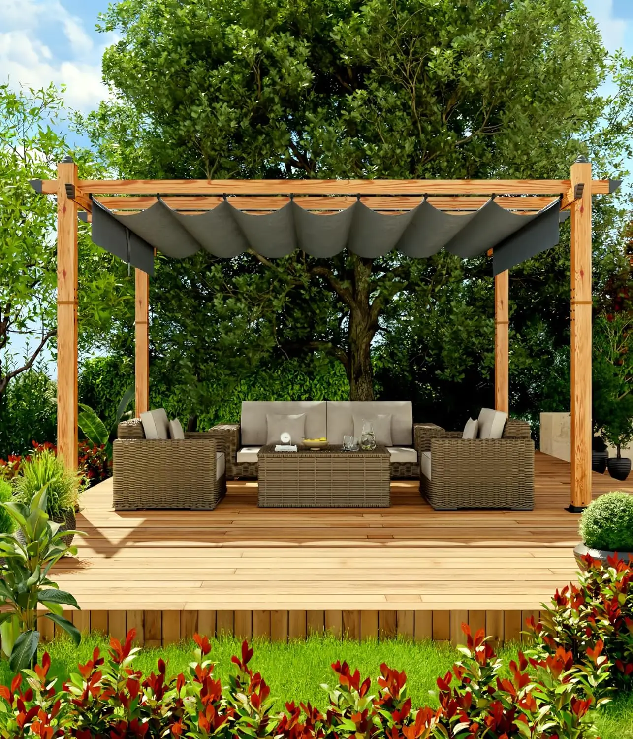 

10' X 13' Aluminum Pergola Faux Wood Outdoor Pergola with Retractable Canopy Metal Pergolas Shelter for Backyard Deck Patio Gard