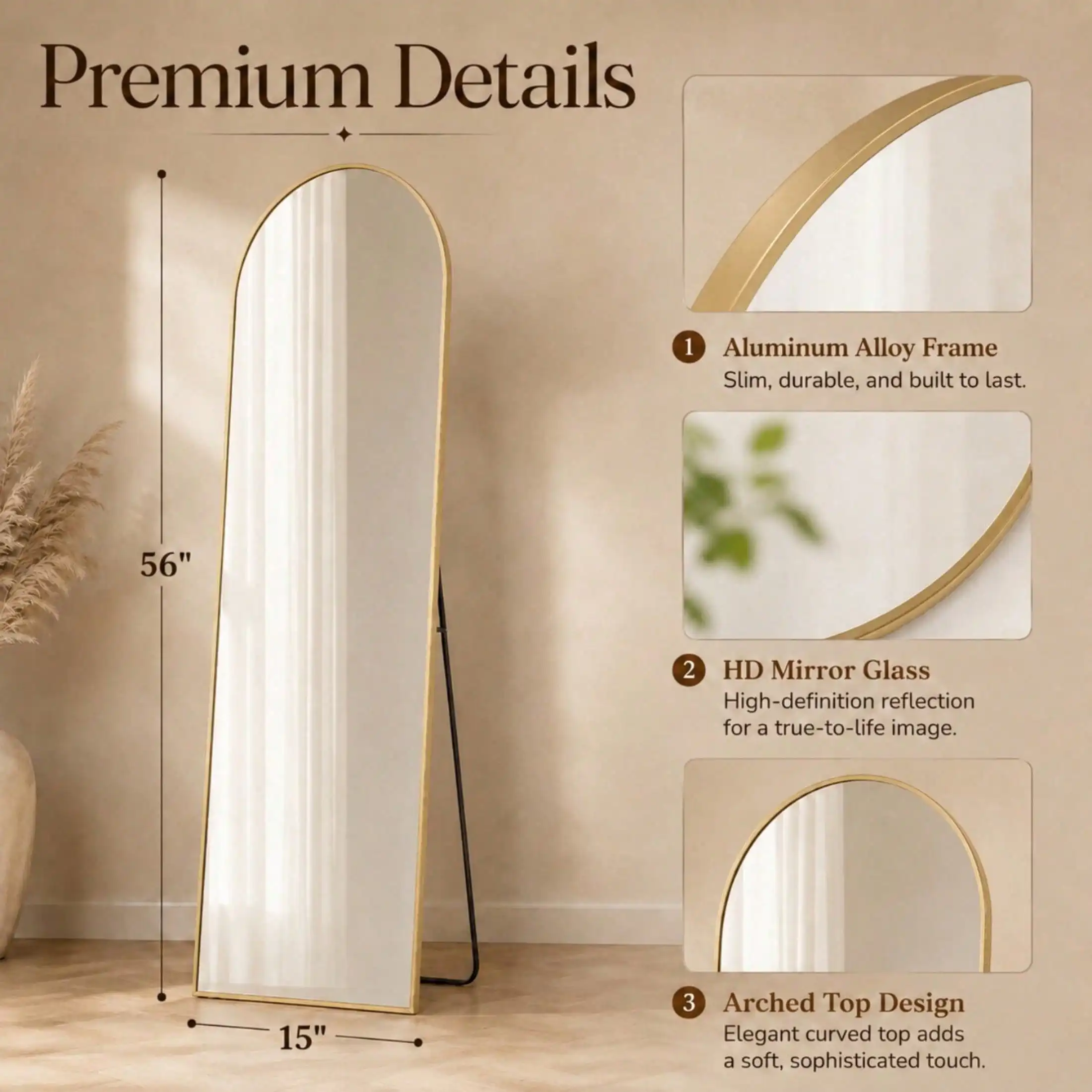56 X 15 Inch Arched Full Length Mirror, Freestanding Full Body Floor Mirror With Aluminum Alloy Frame, Modern Bedroom Mirror