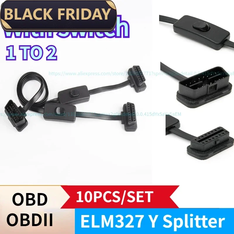 10PCS/SET Flat+Thin 16Pin OBD Extender OBD2 16 Pin ELM327 Male To Dual Female Y Splitter Elbow OBDII Connector Cable With switch