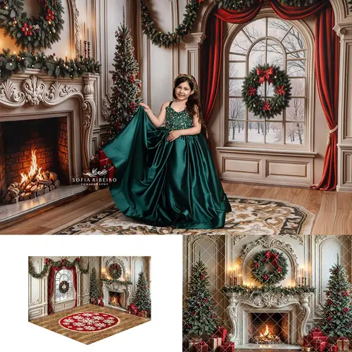 Fondo de sueños junto al fuego de Navidad, ventana de invierno blanca arqueada, fondos de fotografía para niños, bebés y adultos, pastel de cumpleaños