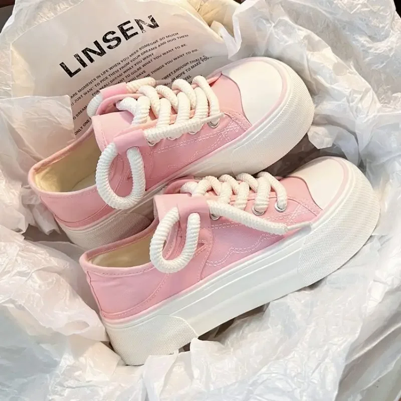 Cute High on Platform Women Footwear Canvas Lace Up Round Toe Ladies Shoes Kawaii Black New Arrival 2025 Shoe in Summer Quality