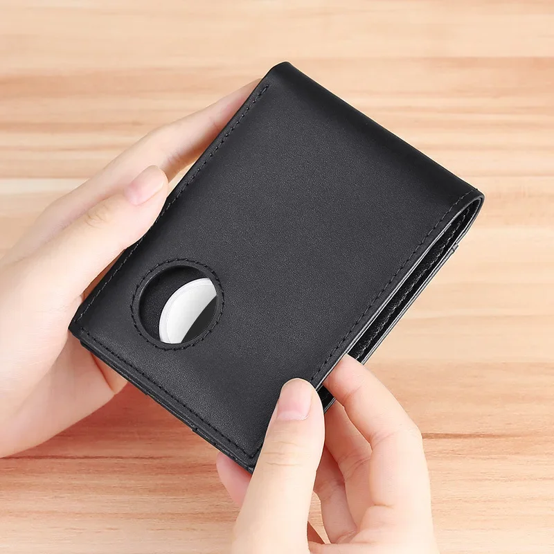 Airtag Business Genuine Cow Leather Men Bifold Thin Wallet RFID Blocking Credit Bank Card Holder with ID Window Male Purse Black