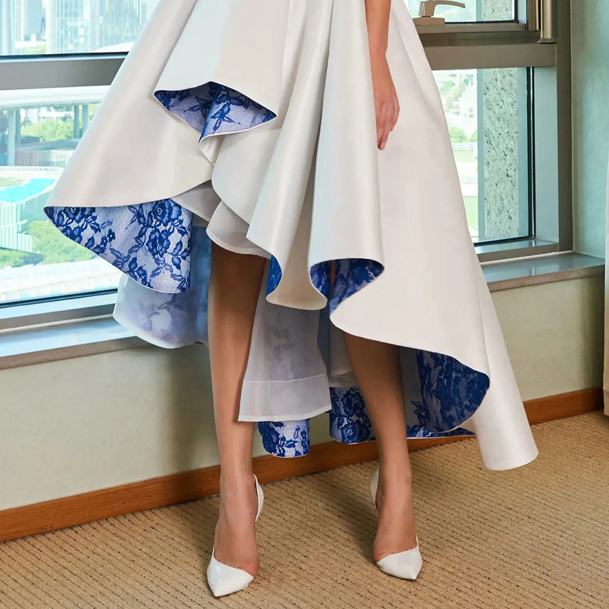 فساتين سهرة من الساتان الأبيض بدون أكمام لحفلات الزفاف، فستان على شكل حرف A، فستان حفلة موسيقية عالي ومنخفض، فساتين مناسبة مخصصة بالزهور باللون الأزرق #6