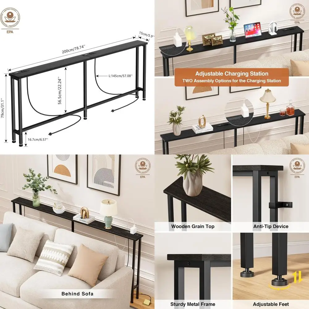 

78 Slim Console Table with 2 Outlets & 4 USB Ports, Metal, Black, Ideal for Hallway, Office, Sofa Back, Easy Assembly, 4.9' Cord