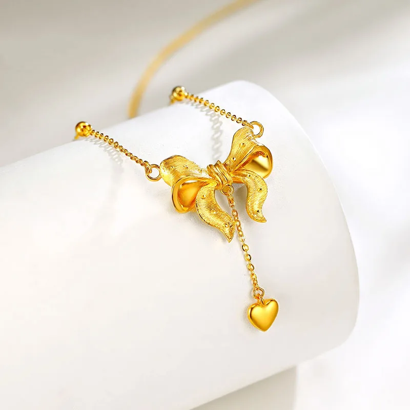 

AU999 24K Gold Heart Tassel Necklace | Hollow bow entwined with heart, enamel - colored, pearl tassels, elegant & noble