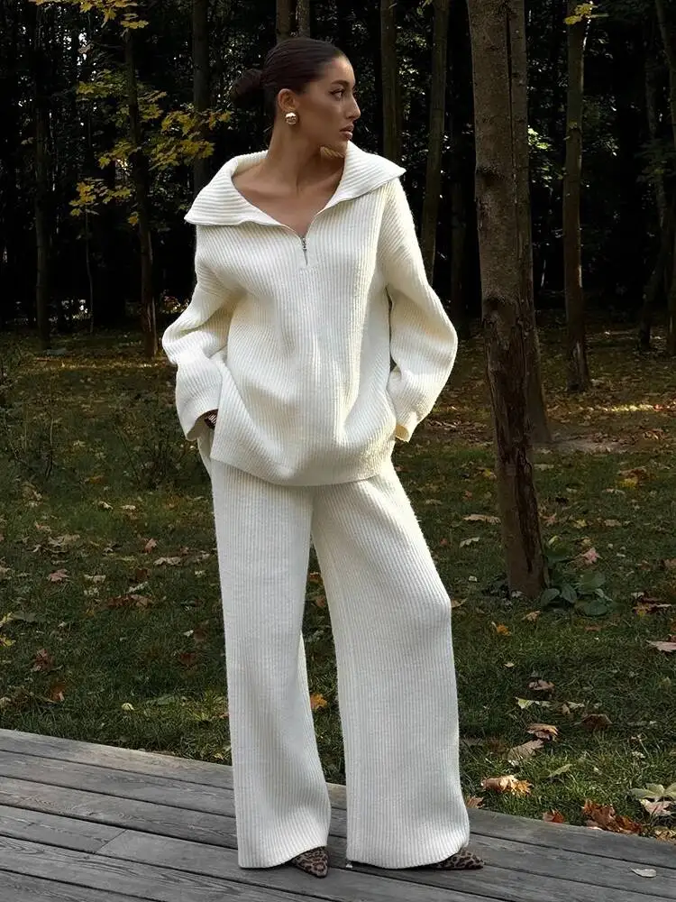 Fashion Khaki 2 Piece Set Women's Half Zipper Loose Sweater High Waist Loose Wide Leg Knitted Pants Suit Autumn New 7OHXD