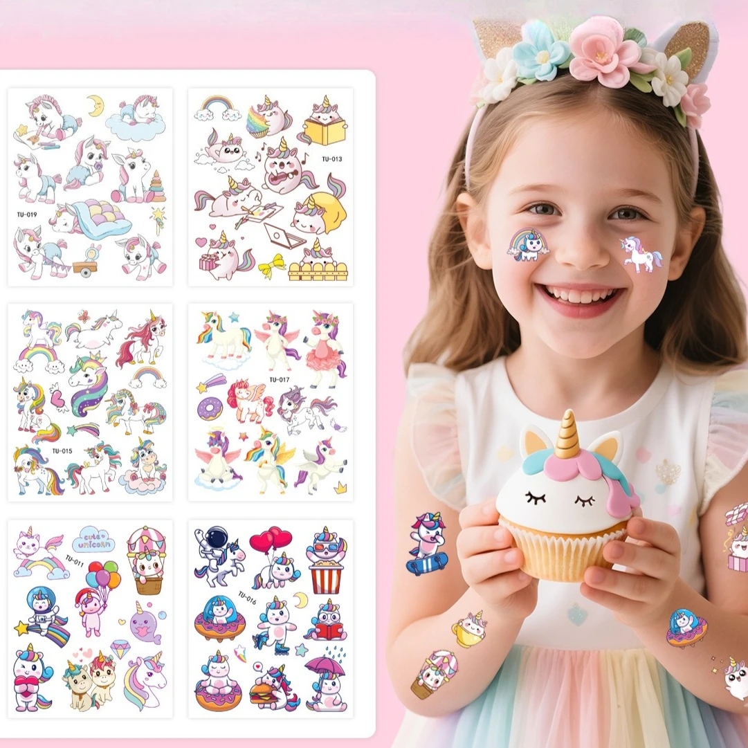 

Татуировка-наклейка с единорогом, мультяшная забавная милая вечеринка по случаю дня рождения, детское украшение, водонепроницаемая одноразовая татуировка-наклейка