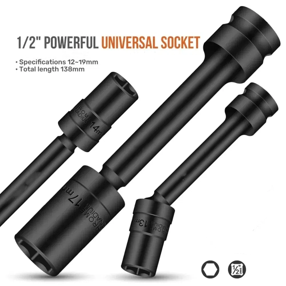 

Impact Swivel Hex Socket Head Adapter 1/2-Inch Drive Universal Joint Cr-Mo Steel Spanner Converter 12-19mm