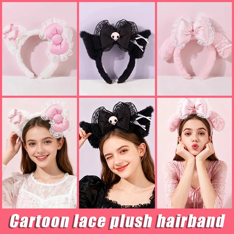 

Kawaii Hello Kitty Lace Plush Headband Cartoon Kuromi Melody Bow Hair Band Washing Face Hair Band Sweet Fashion Hairband Gifts