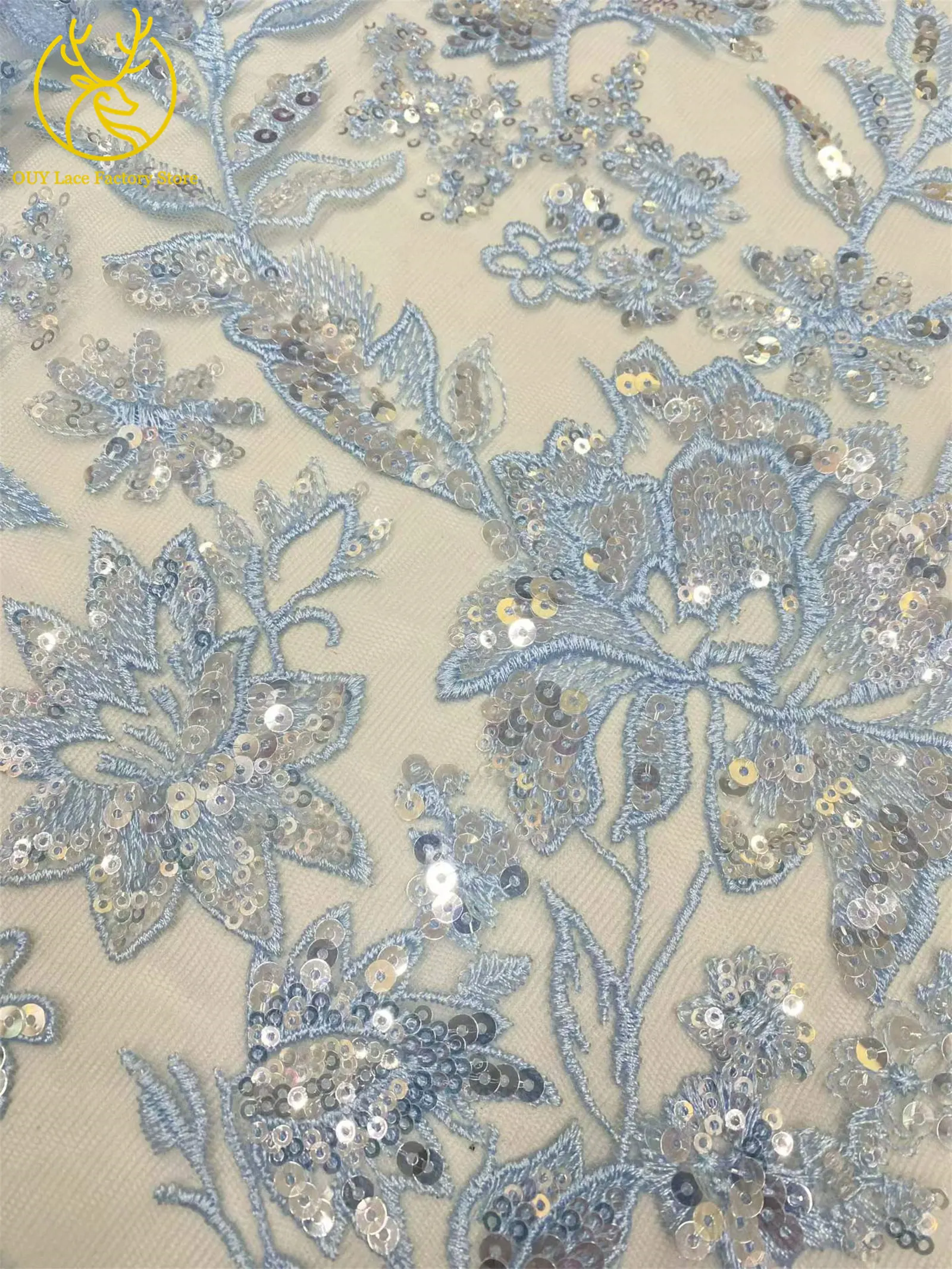 Goldener Luxus-Tüllstoff mit französischer Stickerei und Pailletten, afrikanischer Pailletten-Mesh-Tüllstoff zum Nähen von Hochzeits- und Abendkleidern – Detail 10