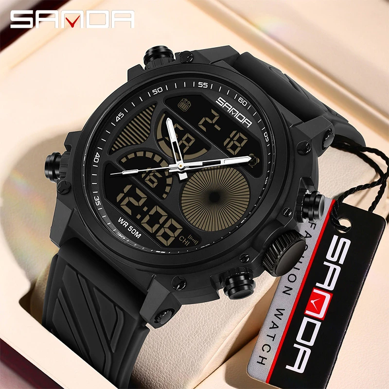 SANDA 6236 New 2024 Electronic Watch Fashion Large Dial Dual Screen Multi functional Waterproof LED Night Light Men Wristwatches