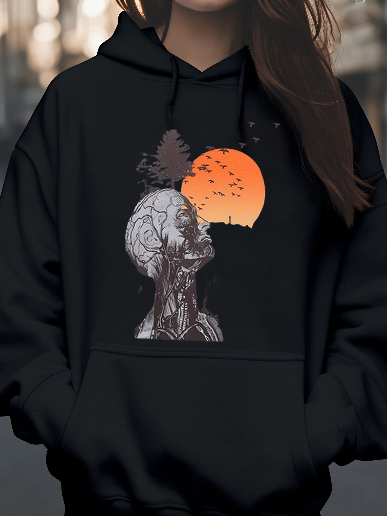 الجمجمة شجرة غروب الشمس طباعة هوديي هالوين عارضة ارتداء المرأة هوديي