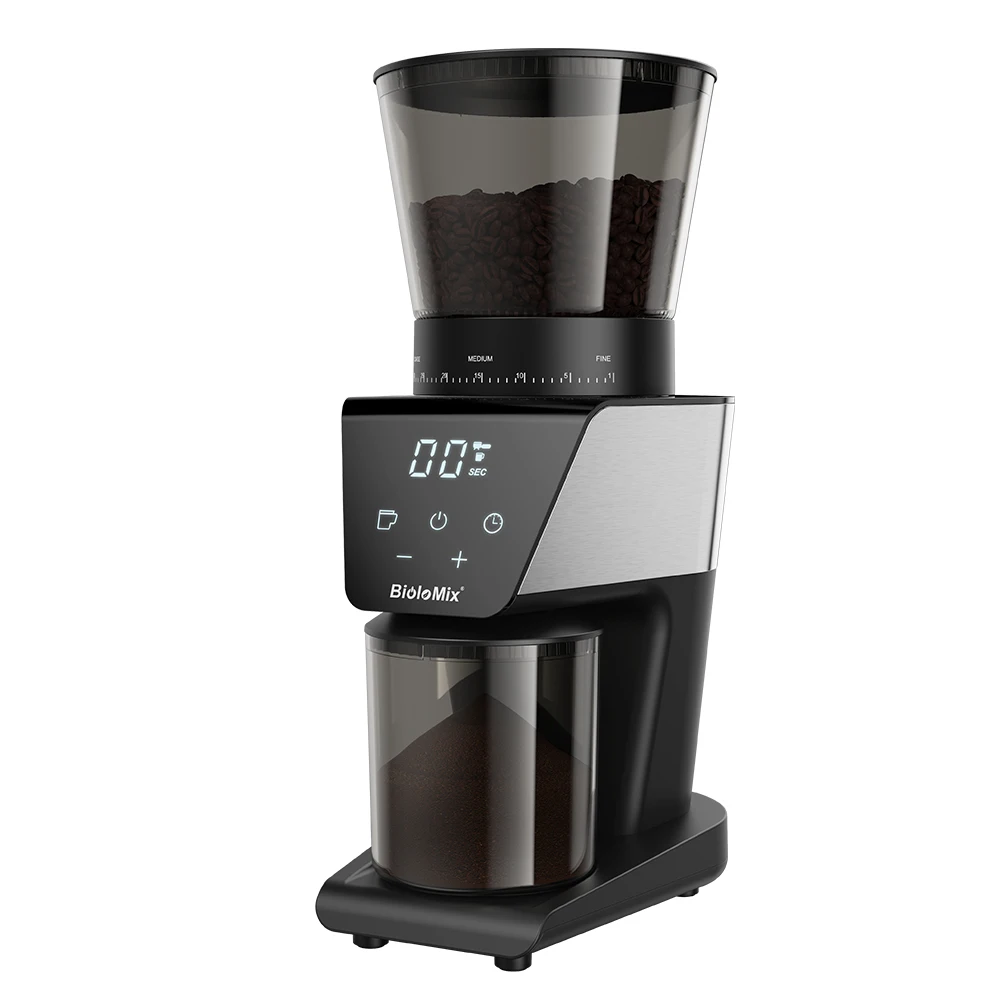 BioloMix Automatische elektrische Kaffeemühle mit Gratmühle und 30 Gängen für Espresso, amerikanischer Kaffee, zum Übergießen von visuellen Bohnen