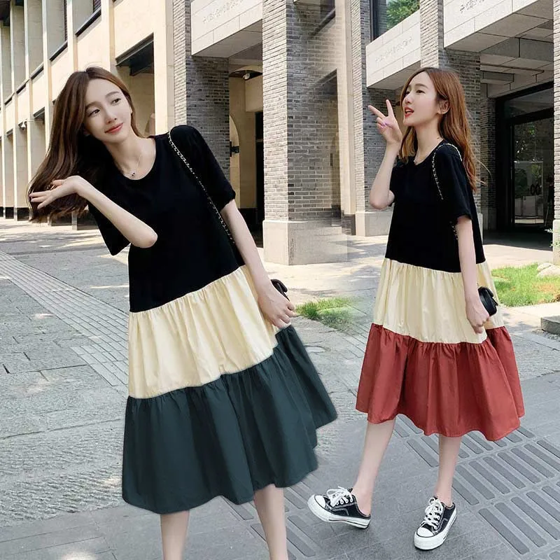 Women Vintage Patchwork Mini Dresses Summer Casual Short Sleeve Pleated Dress Y2k Female Loose O Neck Streetwear Dress NS5678