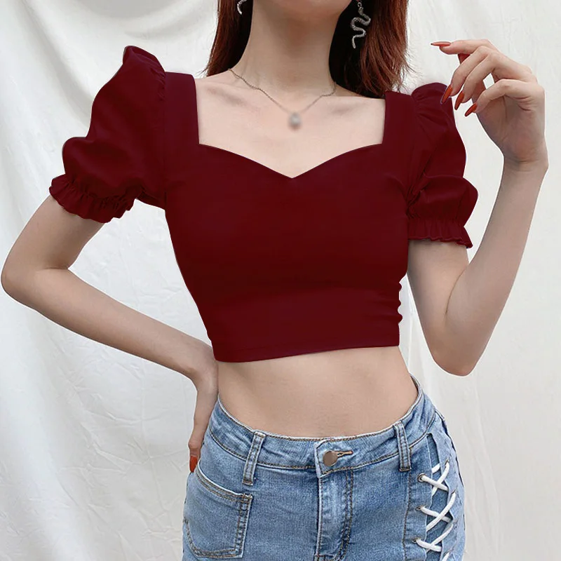 Women\'s Solid V-Neck Slim Fit Open Navel Short Sleeve Top T-shirt Solid Square Neck Sexy Open Navel Pullover T-shirt