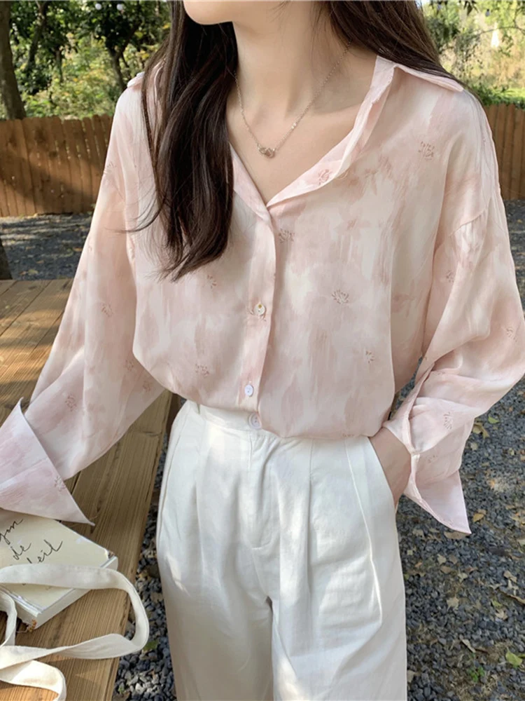 Zoki Fashion Pink Tie Dye Sweet Shirt Women Loose Korean Sun Proof Blouse Elegant Gradient Color Casual Female Cute Chic Tops