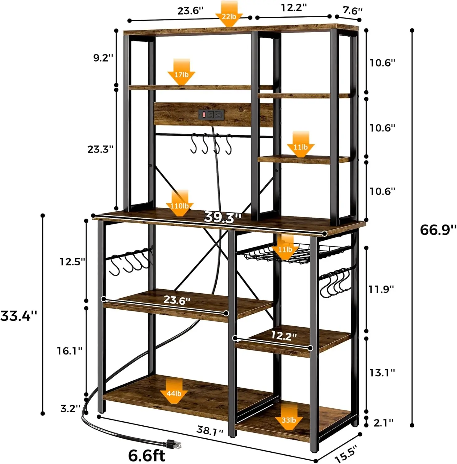 

Large Bakers Rack with Power Outlets, 6-Tier Microwave Stand, Coffee Bar with 12 S-Shaped Hooks, Kitchen Shelf,New Popularity