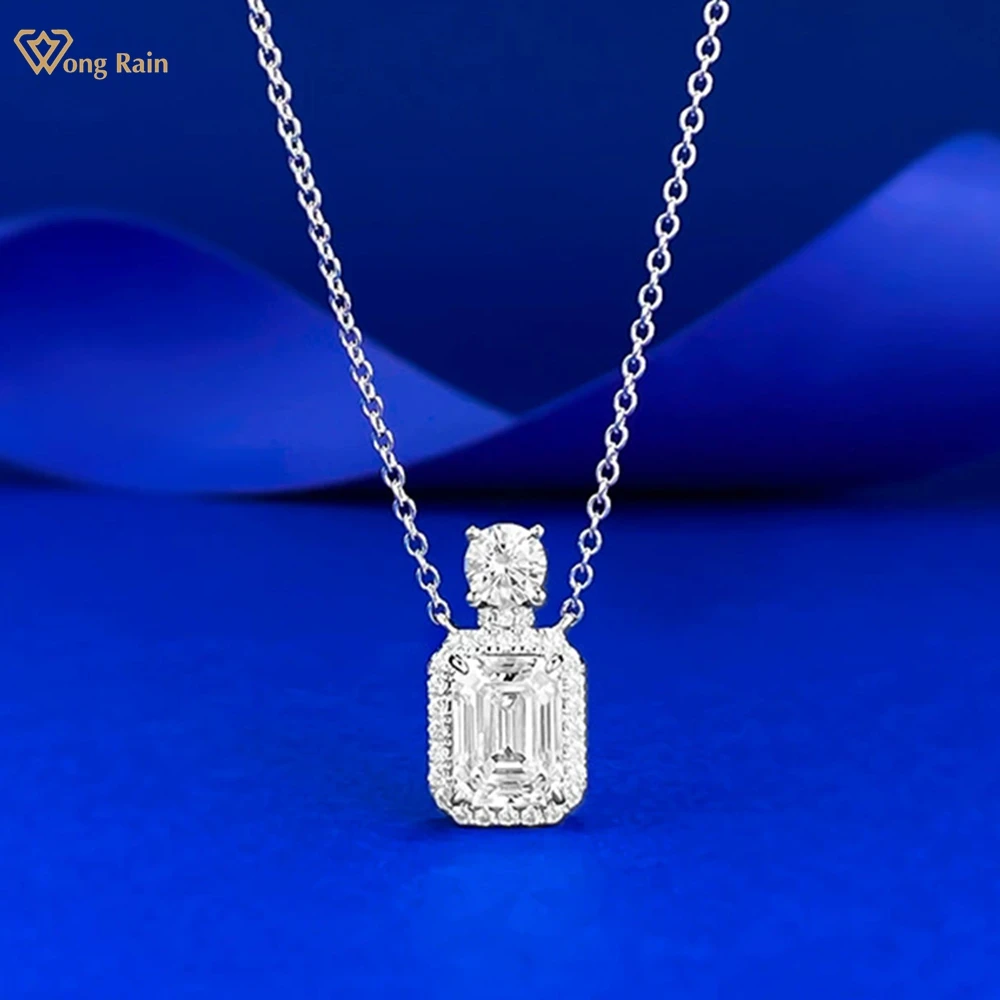 

Wong Rain 100% 925 Sterling Silver Emerald Cut 6*8 MM Lab Sapphire High Carbon Diamond Gemstone Pendant Necklace Fine Jewelry
