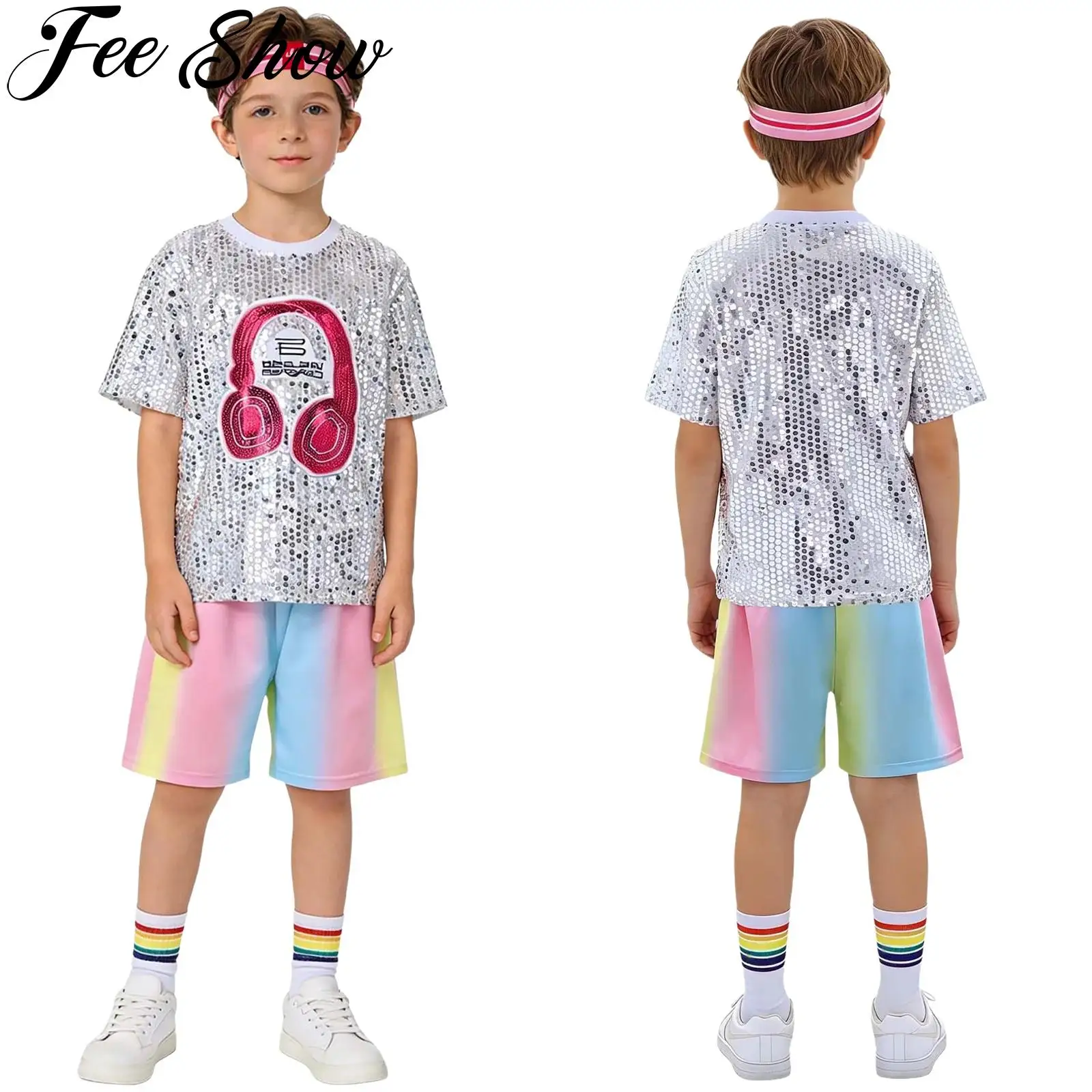 Kids Boys Hip Hop Jazz Street Dance Outfit Sequins Shorts Sleeve T-shirt Top with Shorts for Sports Meeting Stage Performance