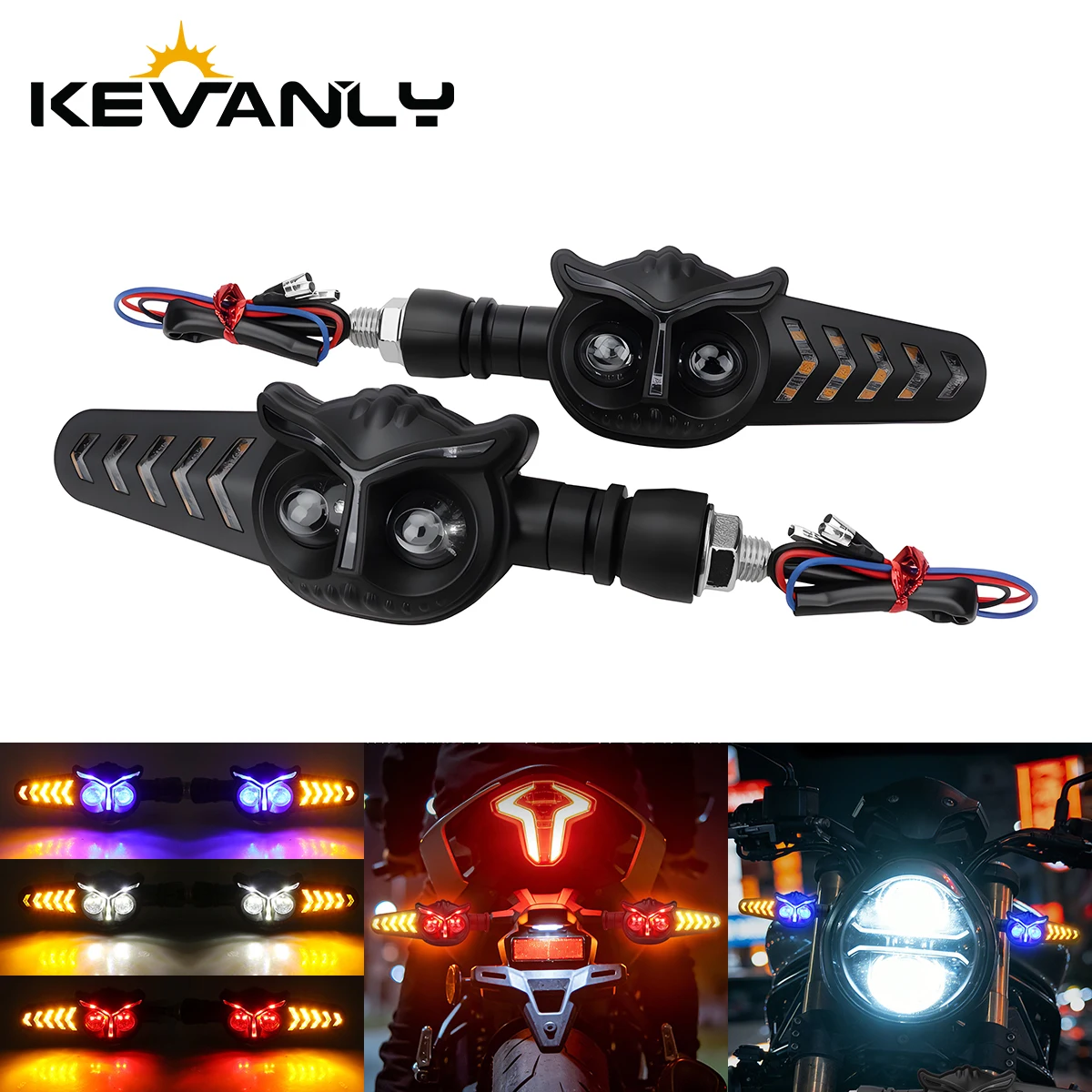1Pair Motorcycle Owl Shaped LED Turn Flowing Signal Light Dual Color Skeleton Arrow Amber Flashing Blinker Indicator
