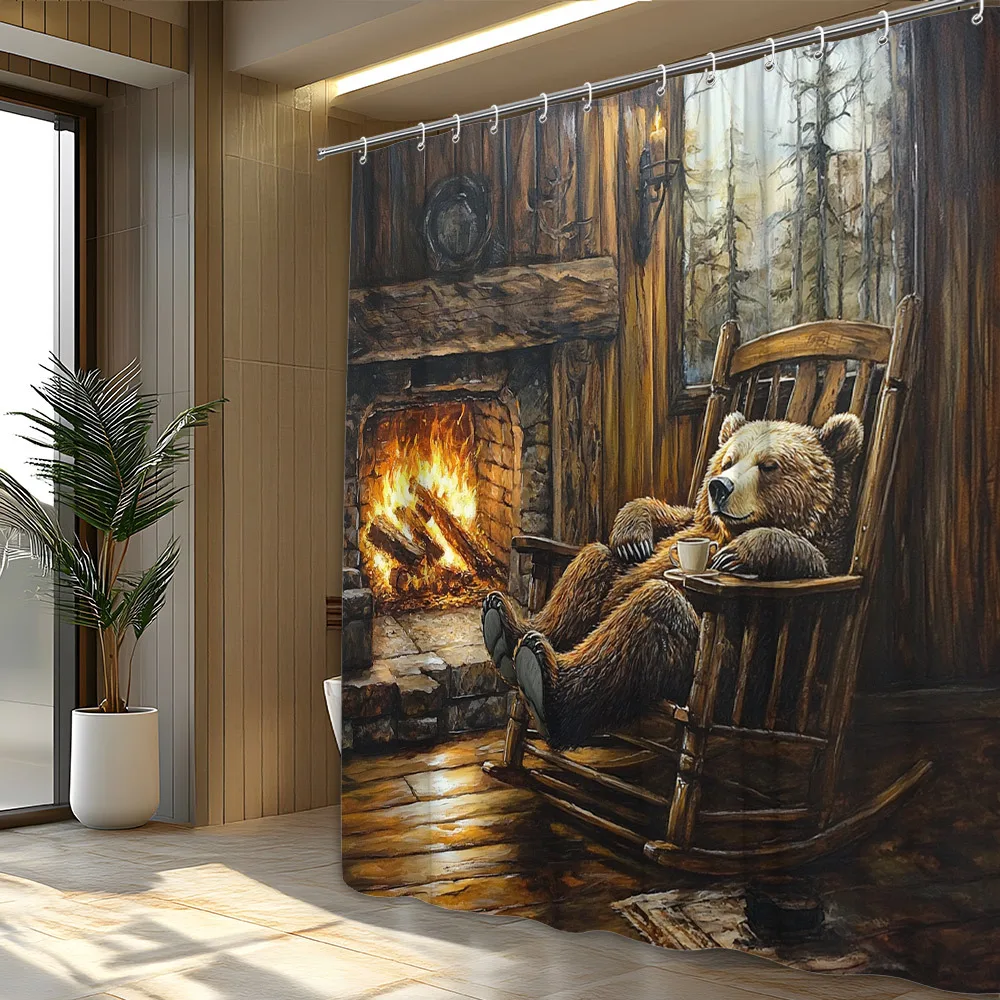 1pc Cozy Rustic Bear in Rocking Chair by Fireplace Shower Curtain - Fluffy Brown Bear, Warm Fire Glow & Woodland View Design, Du