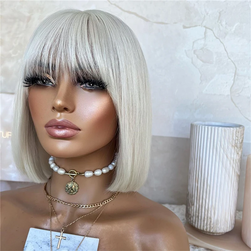 Synthetic lace wigs with Bangs Silver Blonde Short Bob Lace Top Wig Fringe HD lace future fiber premium Wig for girls Layer Wigs