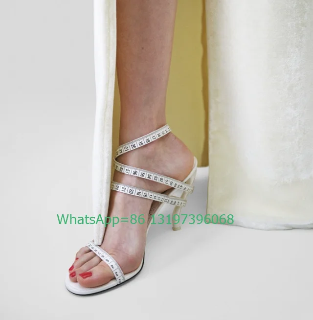 Lady Measuring Tape Strap Design Sandals Footwear Open Toe Black Elegant Slingback Pumps Strenge Heel Buckle Strap High Heels 42
