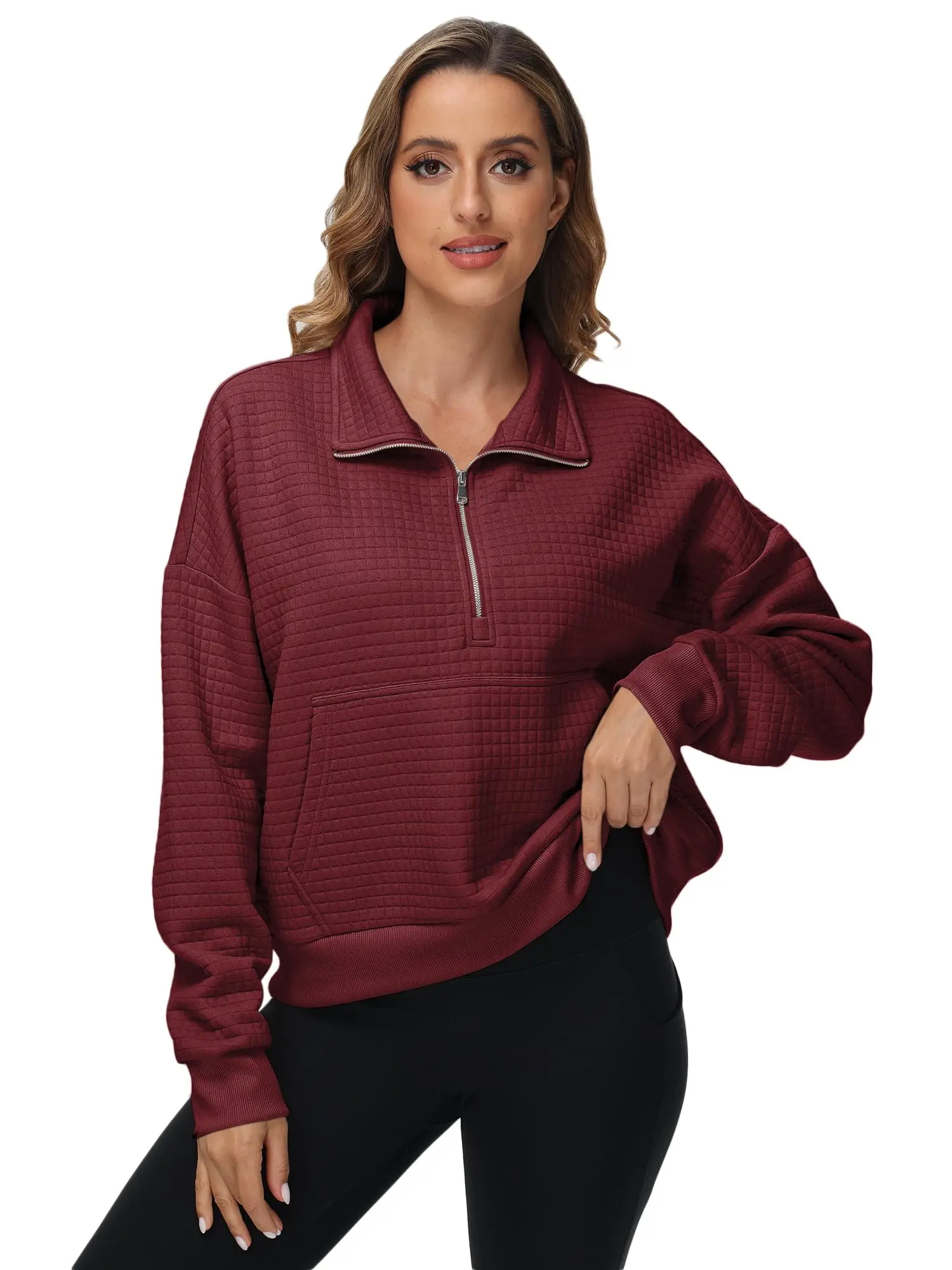 Women's Long Sleeve Casual Waffle Pullover Solid Warm Half Zipper Sweatshirts Tracksuits Short-style Hoodie for Autumn Winter