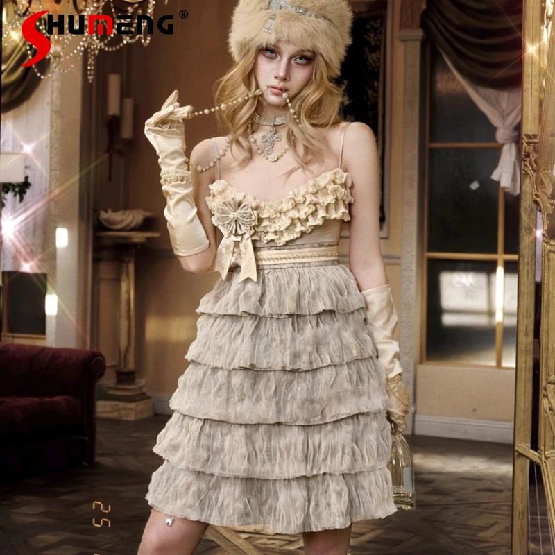 

Chic Elegant Vintage High Waist Cake Lace New Year Party Slip Dress Sweet Y2k Slimming High-waisted Dresses For Women's Clothes