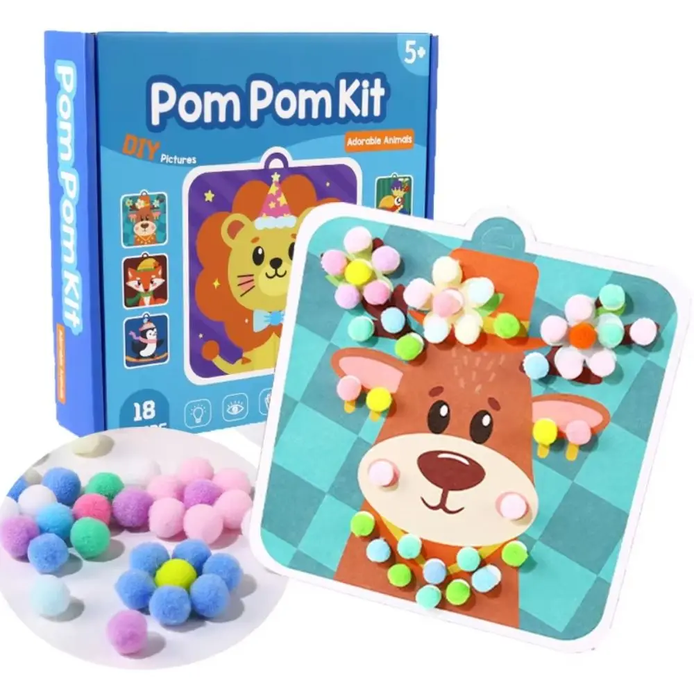

Montessori Children's Sticker Book Animal Pompom Crafts Educational Early Learning Pom-pom Collage DIY Material Kit