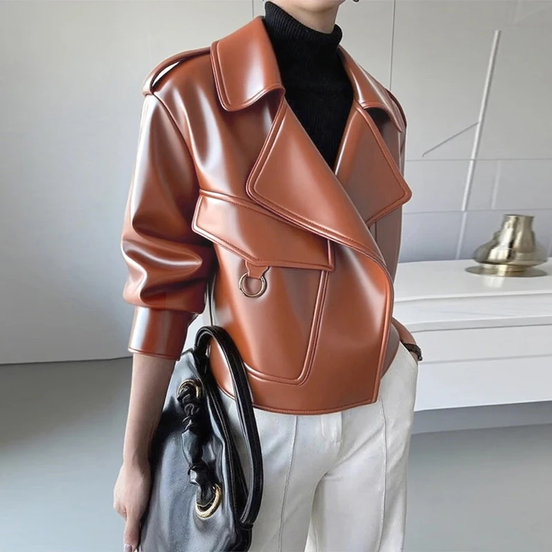 

Modigirl Fall Winter Pu Leather jacket for Women 2025 Vintage Long Sleeves Buttoned Women Brown Faux Leather jacket Outerwear