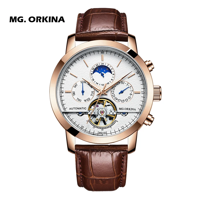 MG.ORKINA Automatic Watch Men Luxury Tourbillon Skeleton Dial Mechanical Day Date Sun Moon Phase Leather Strap Male Wristwatches