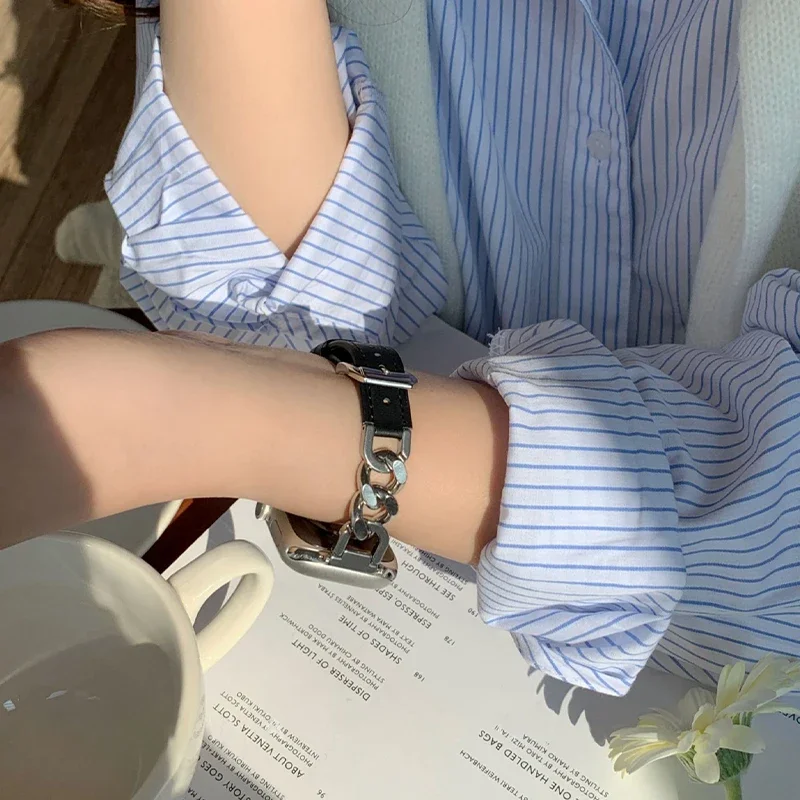 ファッションメタルブレスレットレザーストラップ Apple Watch ウルトラ 44 ミリメートル 45 ミリメートル狭い 14 ミリメートルチェーンデザイン女性バンド iWatch 9 8 7 6