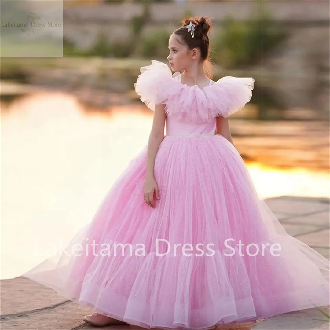 

Lovely Pink Puffy Flower Girl Dresses For Wedding Tulle Tiered Scoop Neck Princess Pageant First Communion Gowns With Bow