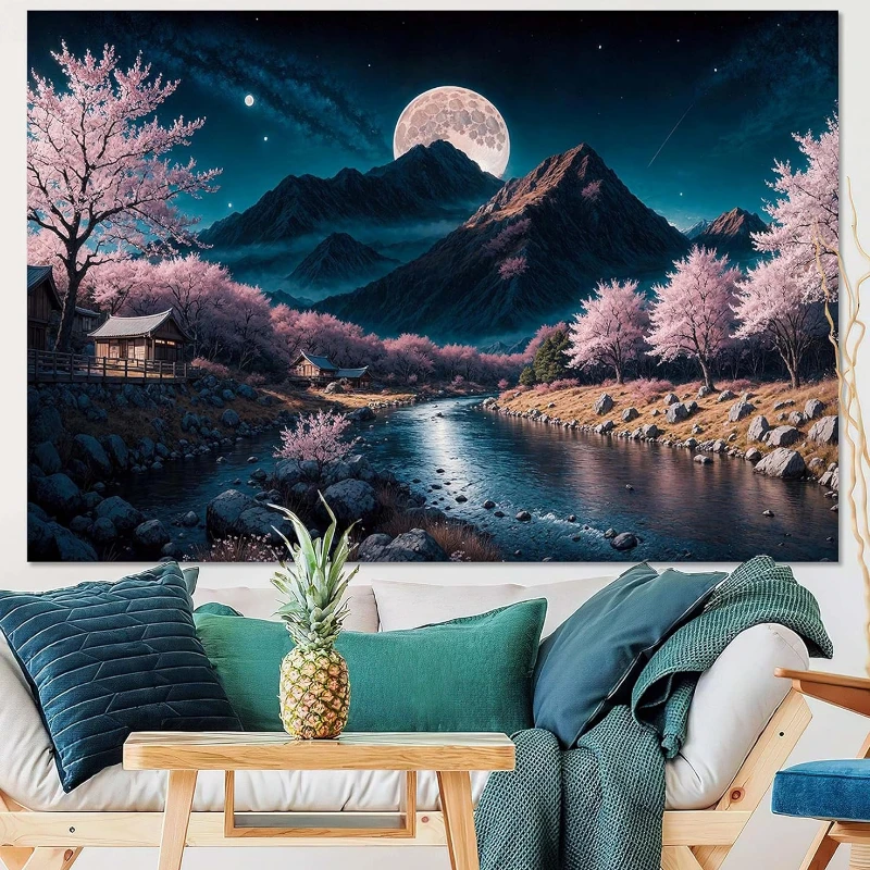 Nature Mountain Forest Tapestry,Moonlit Mountain Wall Hanging,River Cherry Blossom Canvas Prints Artwork Wall Decorations for