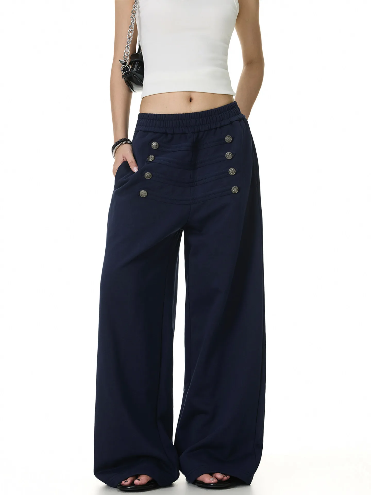 Street Style Button Design Sweatpants Autumn American Fashion Retro Solid Color Simple Women Double-breasted Casual Pants