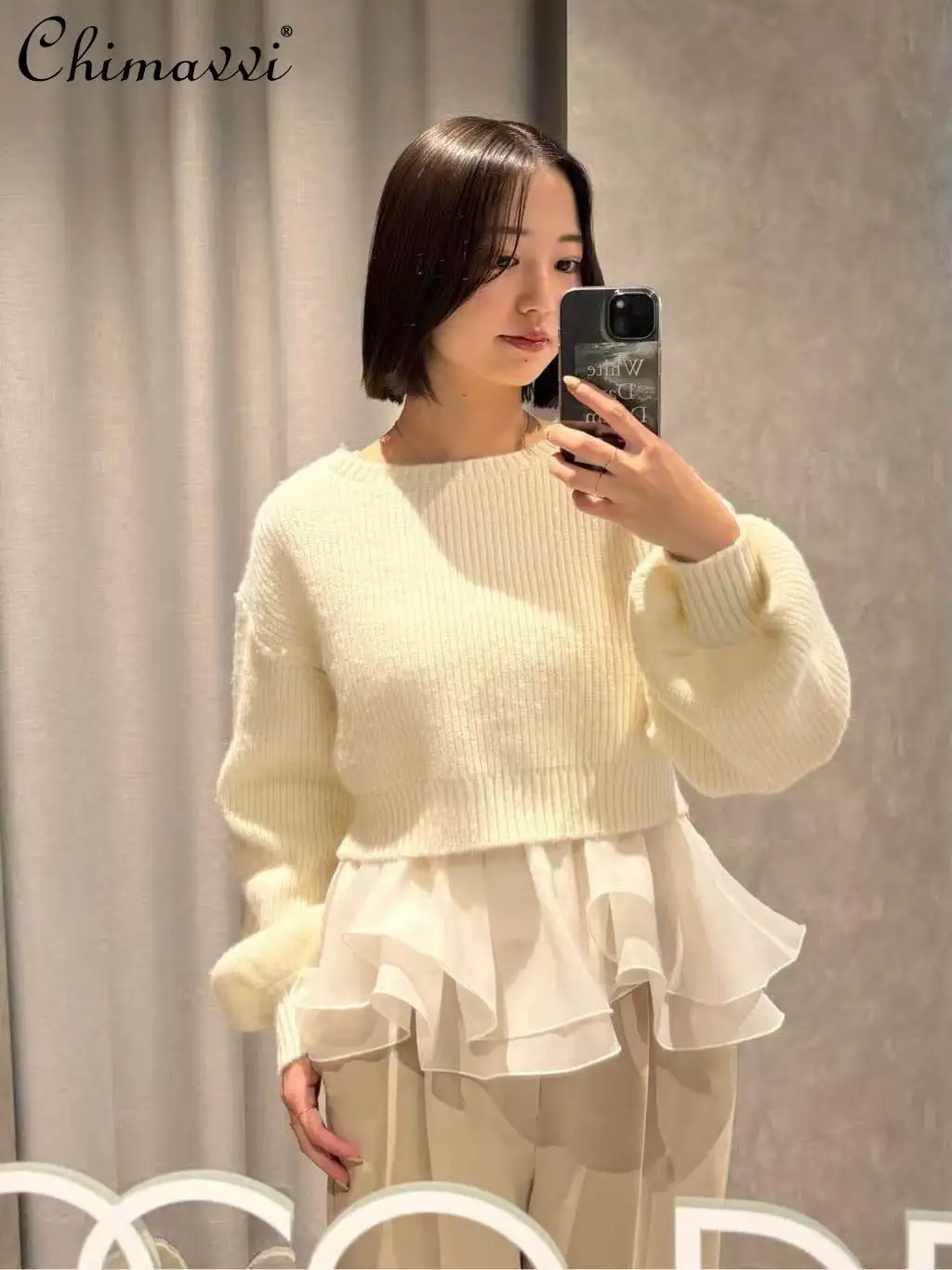 

Japanese Style Sweet Knitted Sweater Spring and Autumn New Women's Fashion Ruffled Camisole Long Sleeve Sweater Elegant 2Piece