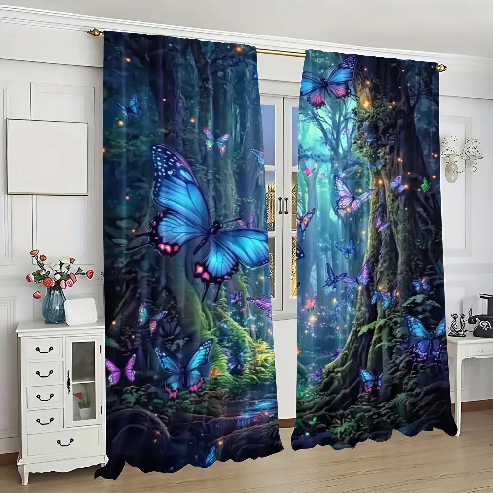 2Pcs Blue Butterfly Forest Printed Curtain Elegant Design Curtain Suitable For Bedroom Bathroom Living Room Dining Room Study