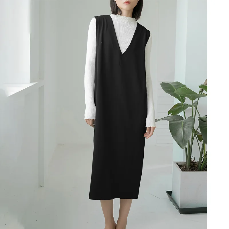 Matakawa Sleevless Women Dresses Solid V Neck Elegant Autumn Winter All Match Vestidos Japanese Style Vintage Loose Robe Femme