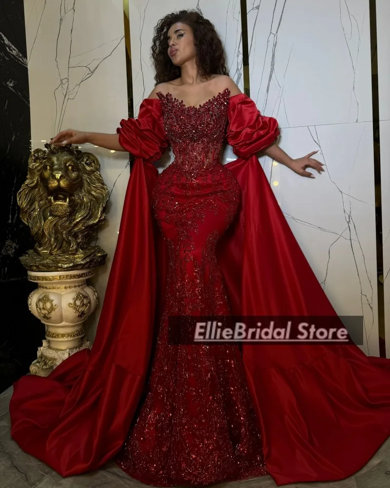 فساتين سهرة رسمية في دبي كريستال مطرز بالخرز من الساتان متواضعة ترتر حورية البحر فستان حفلات الزفاف فساتين الخطوبة حسب الطلب