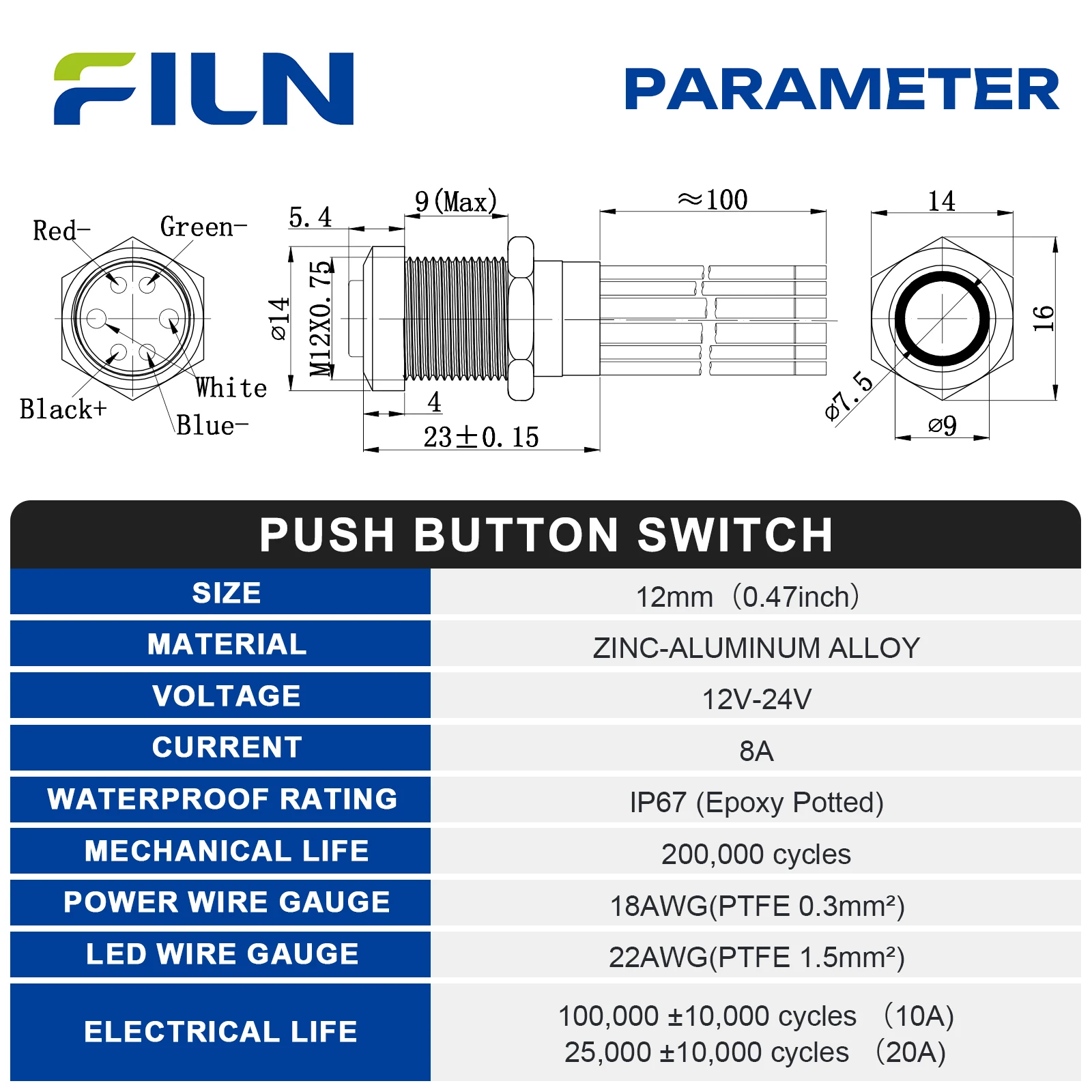 FILN 12mm 12V 24V High Head Metal Push Button Switch IP67 Waterproof 8A Epoxy Potted LED Light Switch for Marine Boat Car