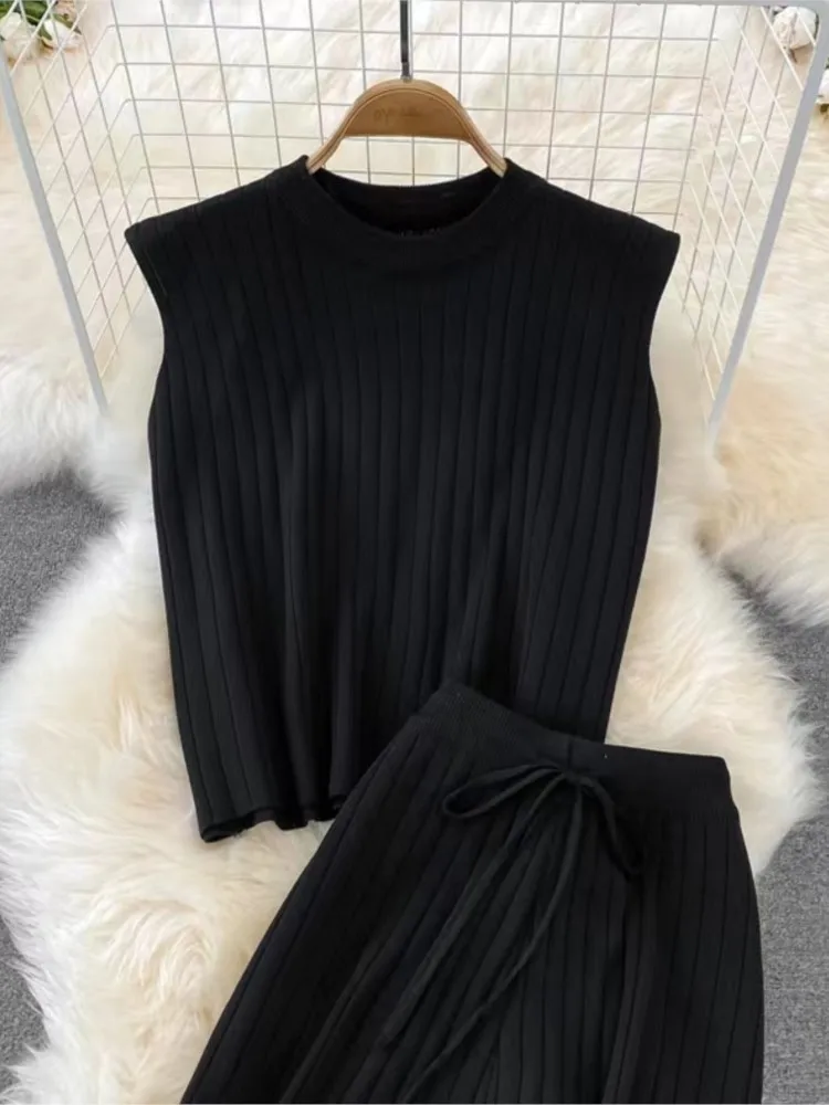 Knitted Autumn 2 Two Piece Set Women Sleeveless Bodycon Modis Ladies Tops High Waist Wide Leg Pants Woman 2023