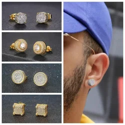 1 Pair Hiphop Stud Earrings for Men Classic Gold Color Jewelry Crystal Iced Out Piercing Cartilage Hippie Ear Accessories Gift