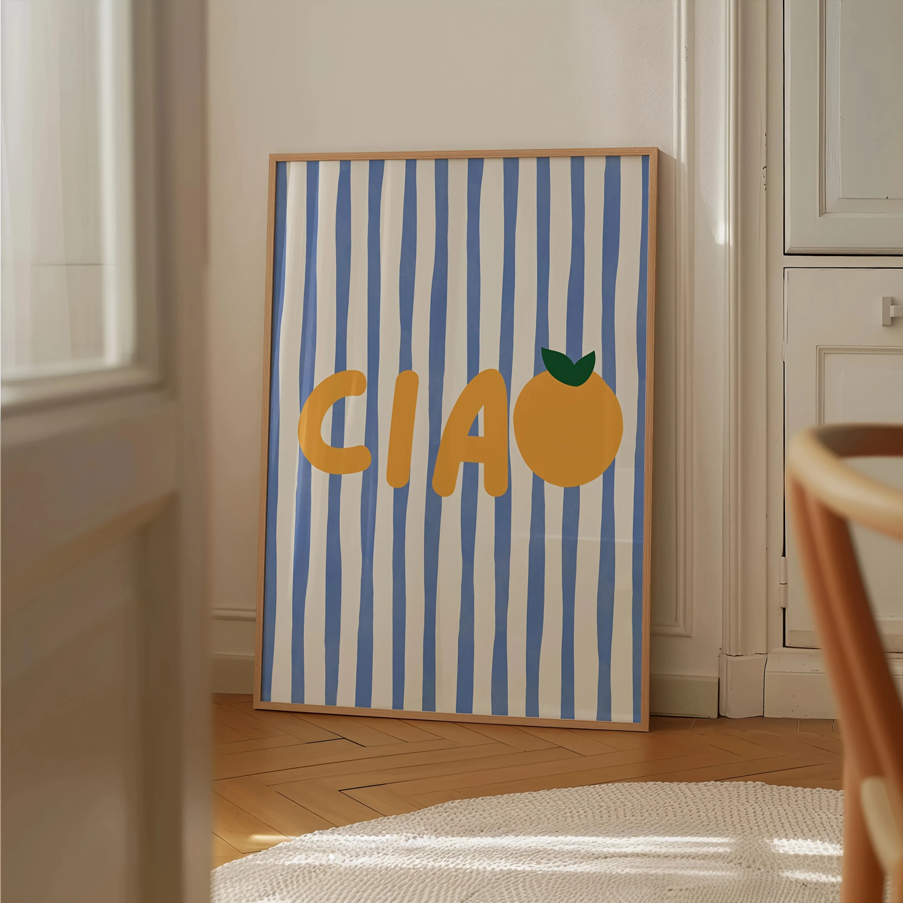 Ciao Blue Striped Canvas Print Italian Speaking Bella Orange Fruit Wall Art Poster for Modern Living Room Bedroom and Home Decor