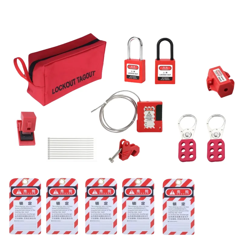 Red Set Electrical Lockout Tagout Kits Safety Hasp Latch Warning Tags Circuit Breaker Loto Locks Nylon Ties with Pocket Bag