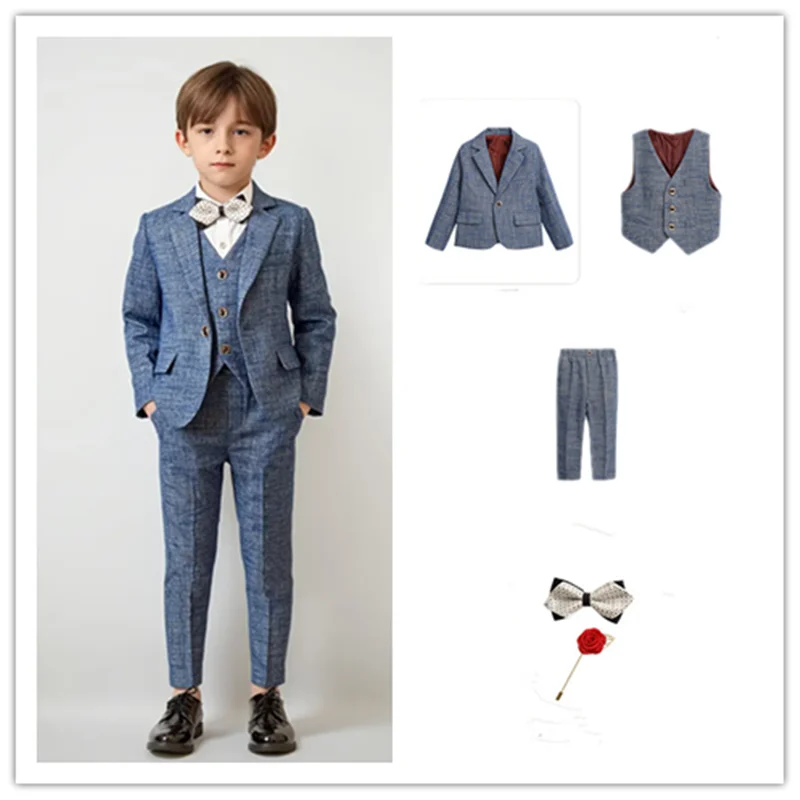 Boys Jacket Vest Pants Brooch Bowtie 5Pieces Photography Suit Kids Formal Wedding Birthday Party Tuxedo Set Children's Blazer