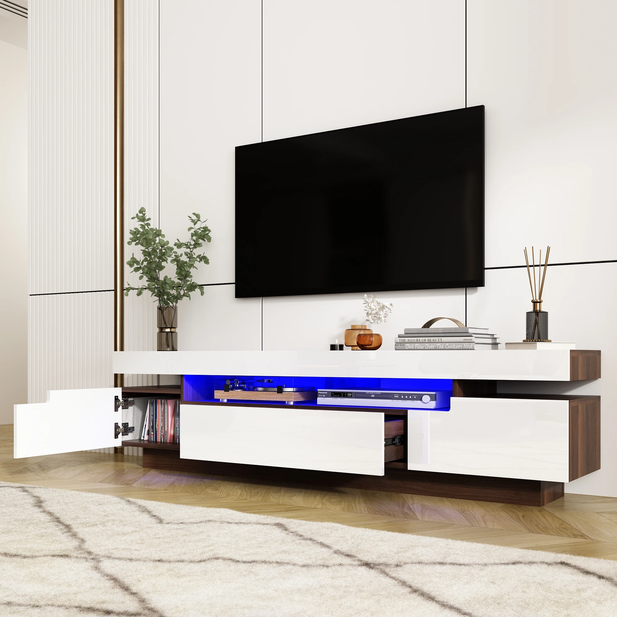 70IN White TV Stand for 75/80 inch TV,Modern LED TV Cabinet for Living Room,High Gloss Entertainment Center with Storage Drawer