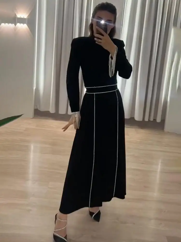 

Missuoo Solid Black Women's Dress High Neck Long Sleeves Tasseled A-line Pleated Dress 2024 New Female Elegant Party Dresses