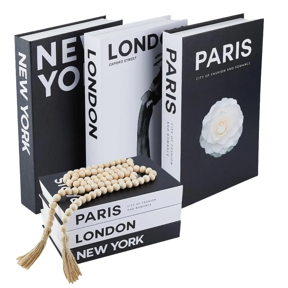 3Pcs Decorative Books for Home Decor Coffee Table Books Faux Book for Decoration Stacked Book with 1Pc Wood Beaded Pendant